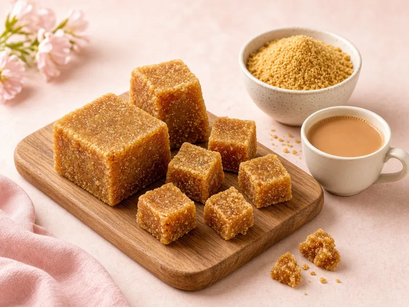 Golden-brown jaggery blocks and cubes with a bowl of shakkar and a cup of tea