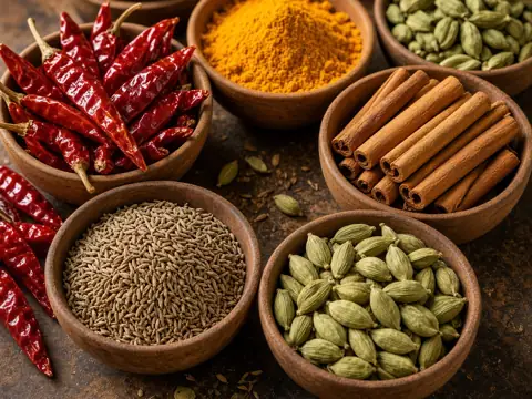 Bowls of chillies, turmeric, cumin, cinnamon and cardamom